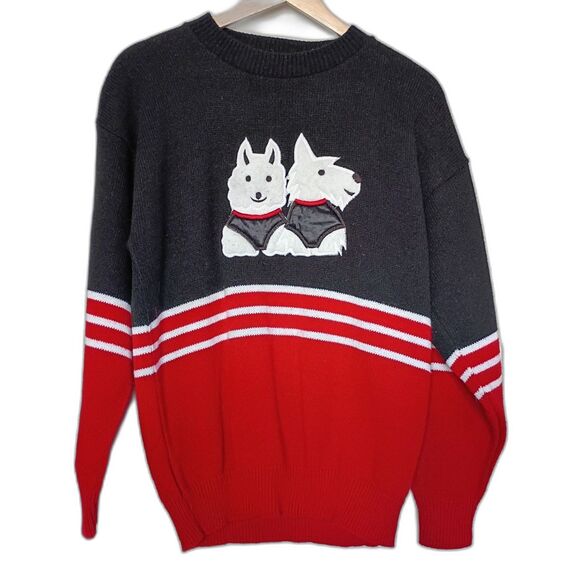 Vintage 80's Scottie Dog Graphic Sweater Red Black Preppy Sweater Exchange L - Picture 1 of 5